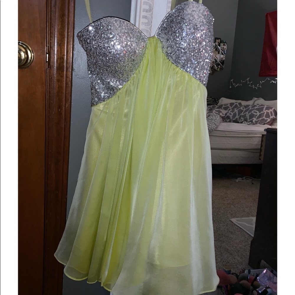 strapless green and bedazzled short dress